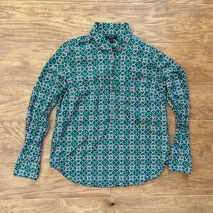 J.Crew Shirt Size 6 Green/Navy Cotton Silk Lattice Medallion Popover Long Sleeve